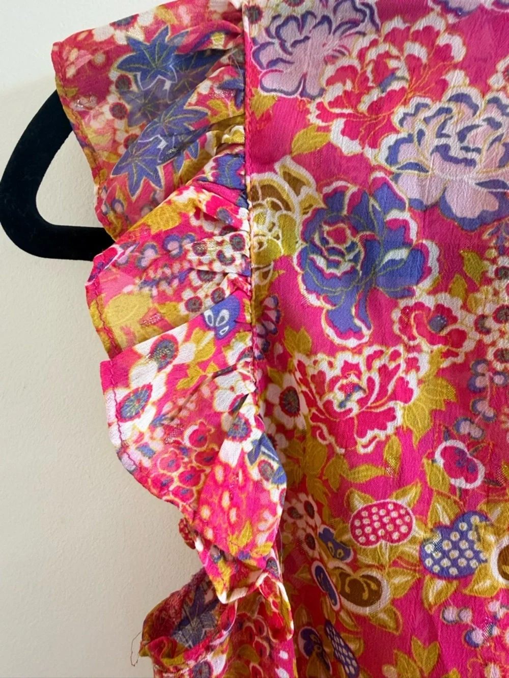 Joie Pink Floral Sheer Ruffle Sleeve Blouse - Smocked Waist - Size XS/TP